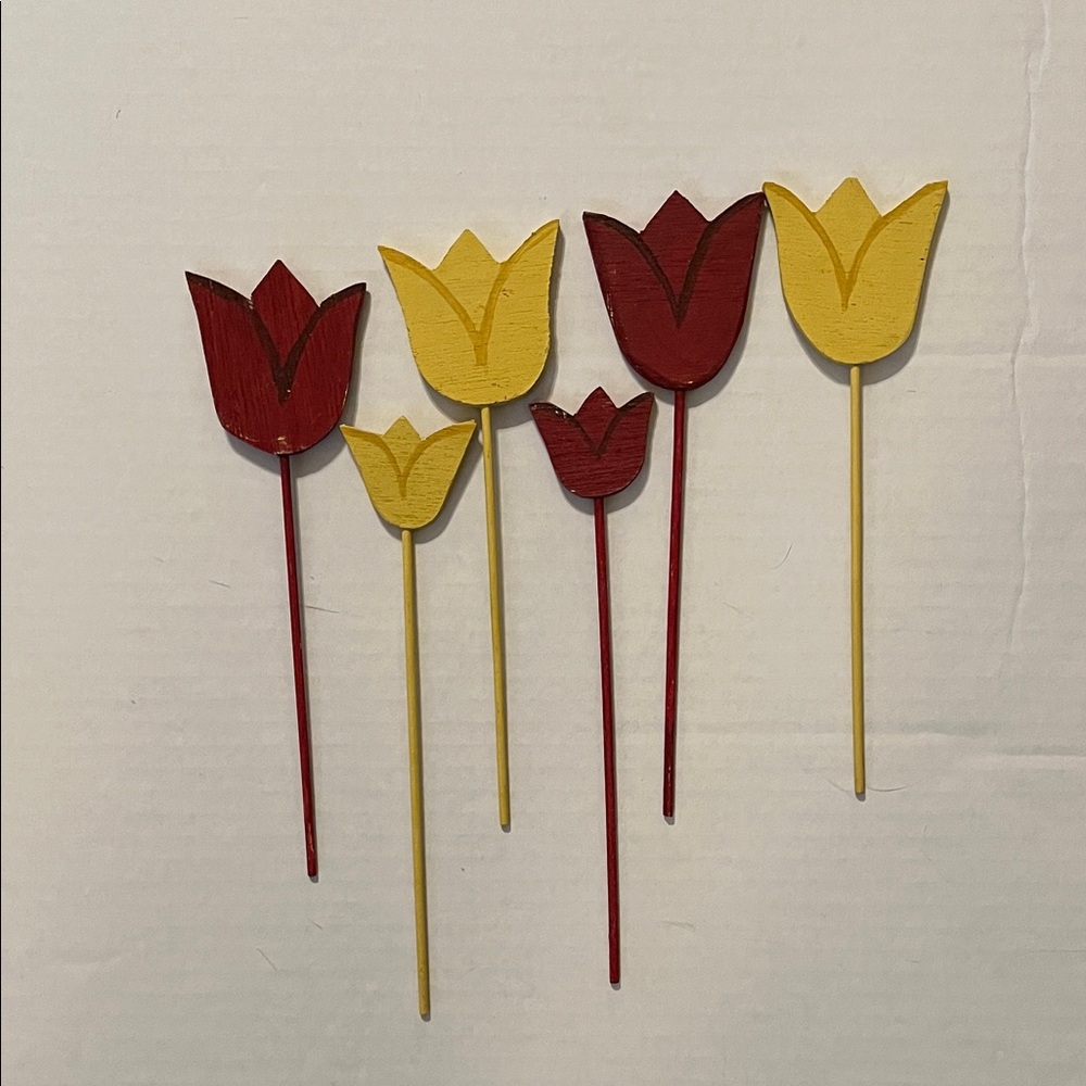Wooden Tulip Garden Picks - Red & Yellow (Set of 6)